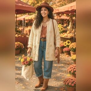 Vintage Boho M/L Cottagecore Grandmacore Hand Knit Cotton Longline Cardigan